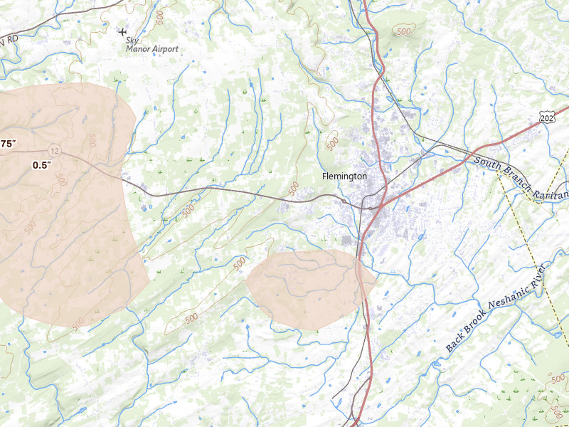 Radar-estimated hail-size map of the storm over Flemington, NJ on Jul 3, 2026