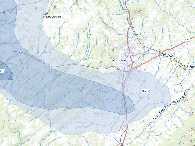 NEXRAD radar-signature map of the hail storm over Flemington, NJ on Jul 3, 2026