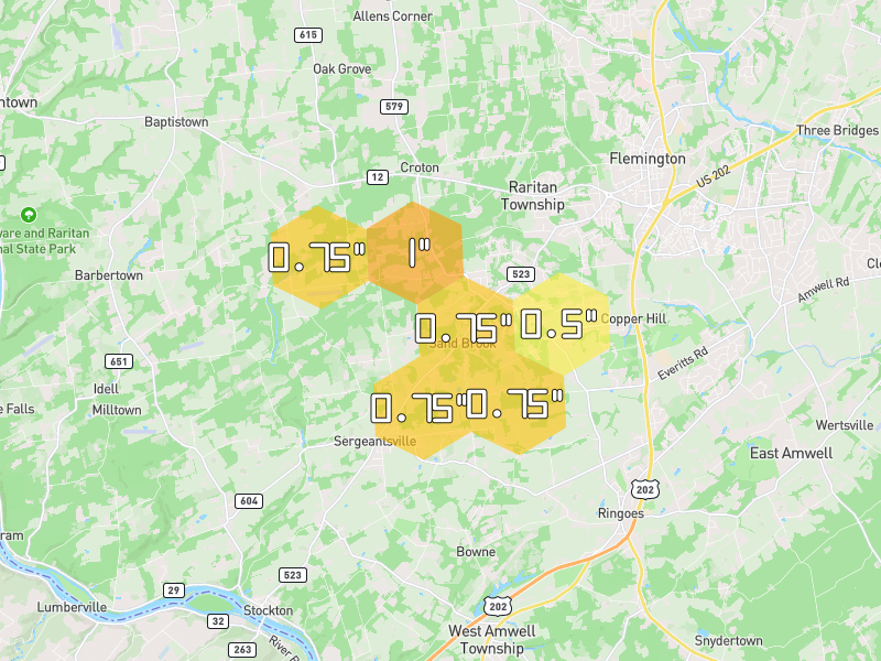 Hail map of Flemington, NJ on Jul 3, 2026, hail up to 1"