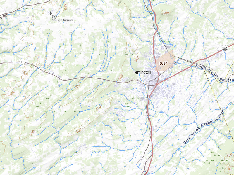 Radar-estimated hail-size map of the storm over Flemington, NJ on Jul 27, 2026
