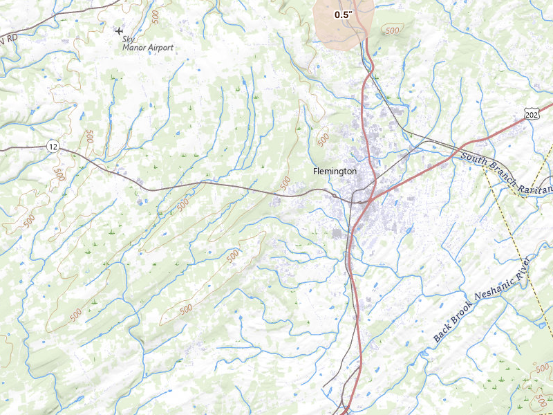 Radar-estimated hail-size map of the storm over Flemington, NJ on Jul 28, 2026