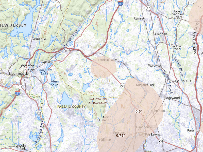 Radar-estimated hail-size map of the storm over Franklin Lakes, NJ on Jul 27, 2026