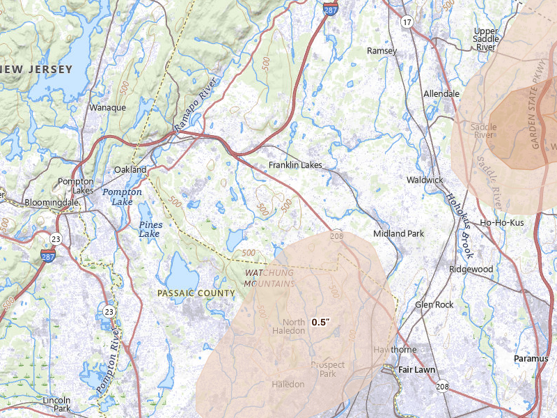 Radar-estimated hail-size map of the storm over Franklin Lakes, NJ on Aug 7, 2026