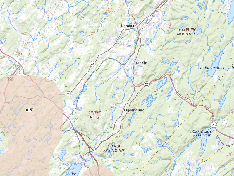 Radar-estimated hail-size map of the storm over Franklin, NJ on Jul 3, 2026