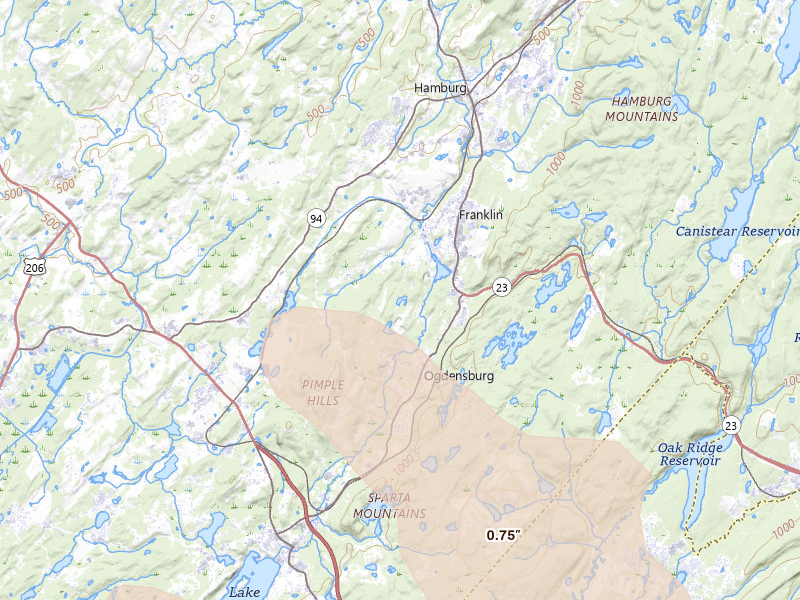 Radar-estimated hail-size map of the storm over Franklin, NJ on Jul 15, 2026
