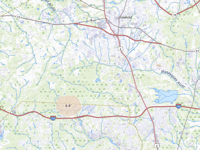 Radar-estimated hail-size map of the storm over Freehold, NJ on Jun 22, 2026