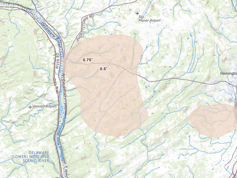 Radar-estimated hail-size map of the storm over Frenchtown, NJ on Jul 3, 2026