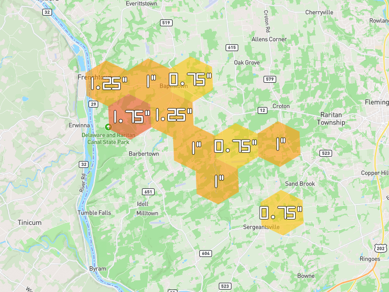 Hail map of Frenchtown, NJ on Jul 3, 2026, hail up to 1.75"