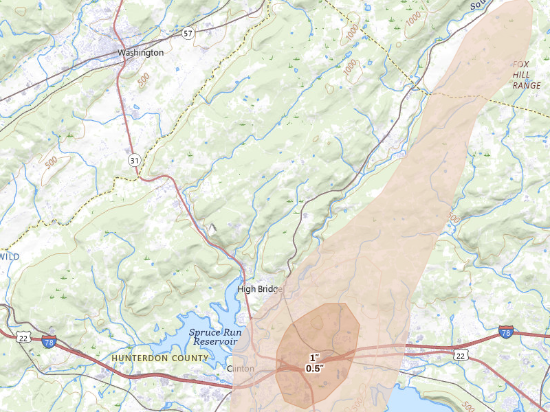 Radar-estimated hail-size map of the storm over Glen Gardner, NJ on Jul 5, 2026
