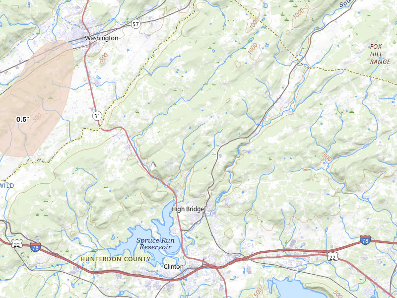 Radar-estimated hail-size map of the storm over Glen Gardner, NJ on Jul 28, 2026