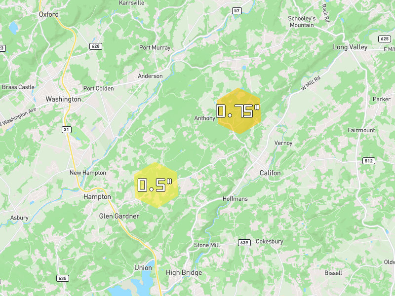 Hail map of Glen Gardner, NJ on Jul 28, 2026, hail up to 0.75"