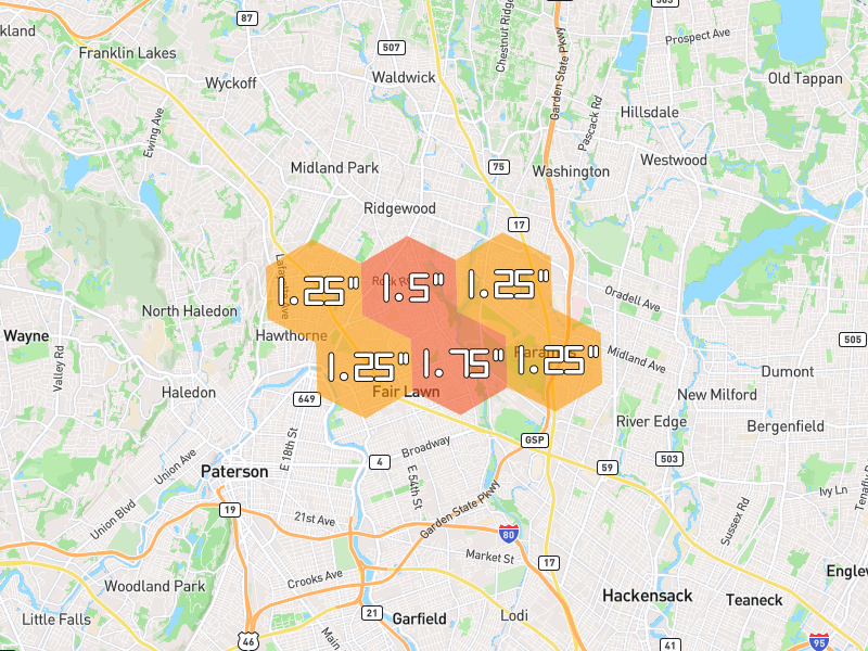 Hail map of Glen Rock, NJ on Jul 21, 2026, hail up to 1.75"