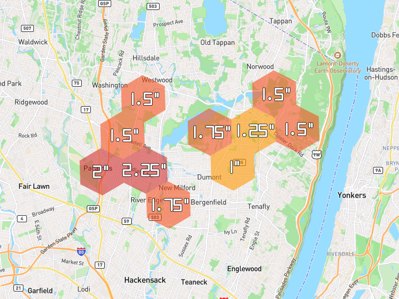 Hail map of Haworth, NJ on Jul 21, 2026, hail up to 2.25"