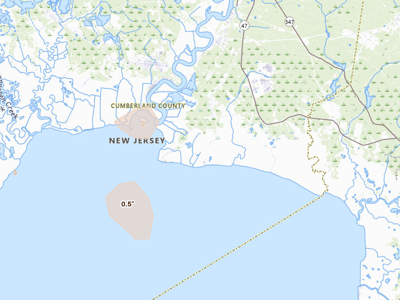 Radar-estimated hail-size map of the storm over Heislerville, NJ on Jul 4, 2026