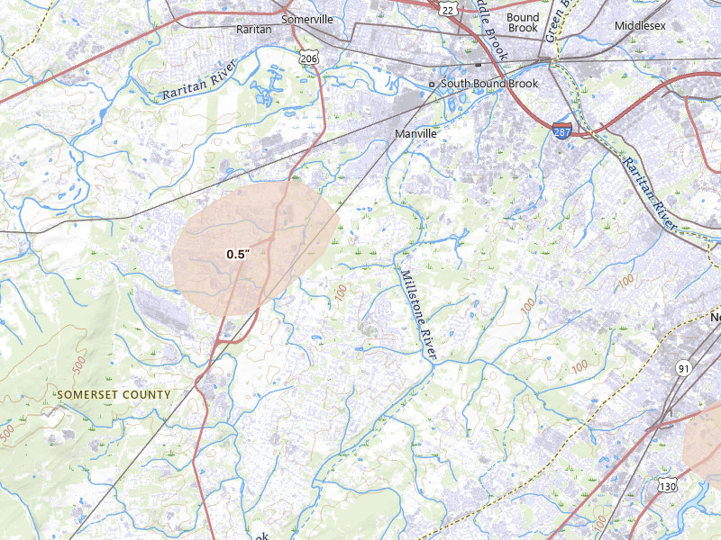 Radar-estimated hail-size map of the storm over Hillsborough, NJ on Jul 3, 2026