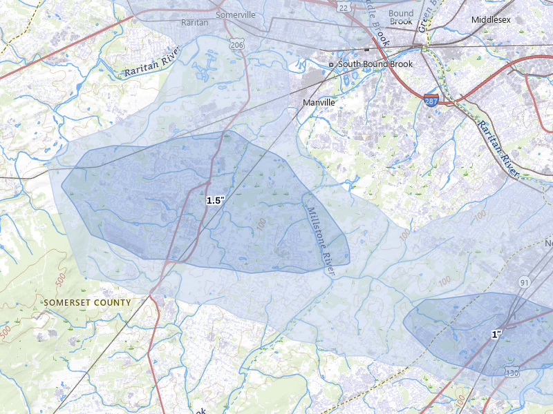 NEXRAD radar-signature map of the hail over Hillsborough, NJ