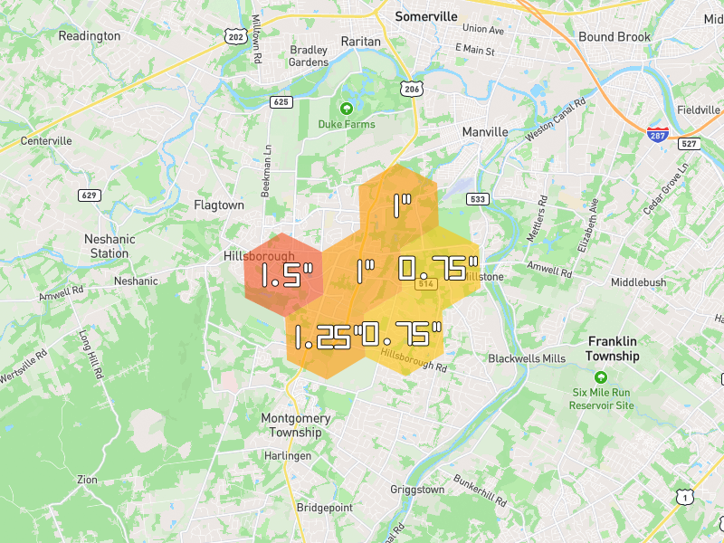 Hail map of Hillsborough, NJ on Jul 3, 2026, hail up to 1.5"