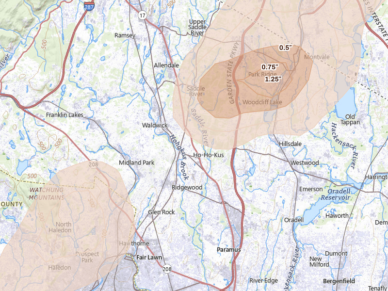 Radar-estimated hail-size map of the storm over Ho Ho Kus, NJ on Aug 7, 2026