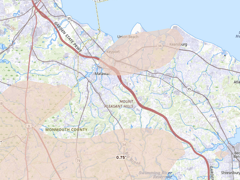 Radar-estimated hail-size map of the storm over Holmdel, NJ on Aug 27, 2026