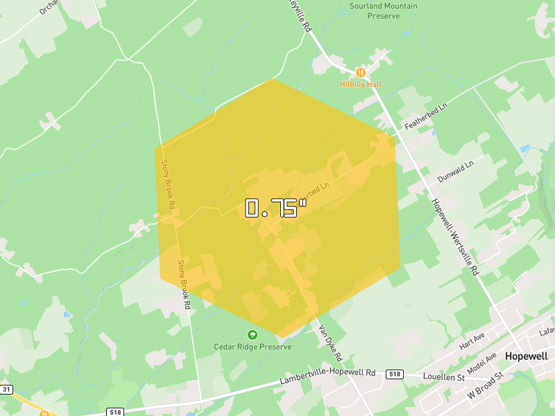 Hail map of Hopewell, NJ on Jul 28, 2026, hail up to 0.75"
