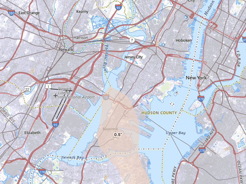 Radar-estimated hail-size map of the storm over Jersey City, NJ on Sep 1, 2026