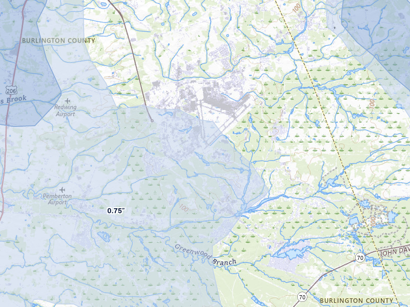 NEXRAD radar-signature map of the hail storm over Joint Base Mdl, NJ on Jul 3, 2026