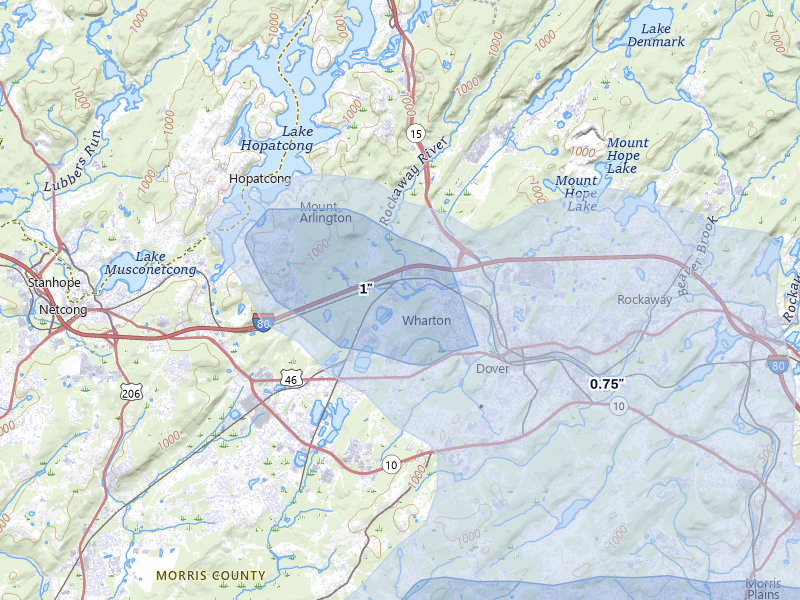 NEXRAD radar-signature map of the hail storm over Kenvil, NJ on Jul 21, 2026