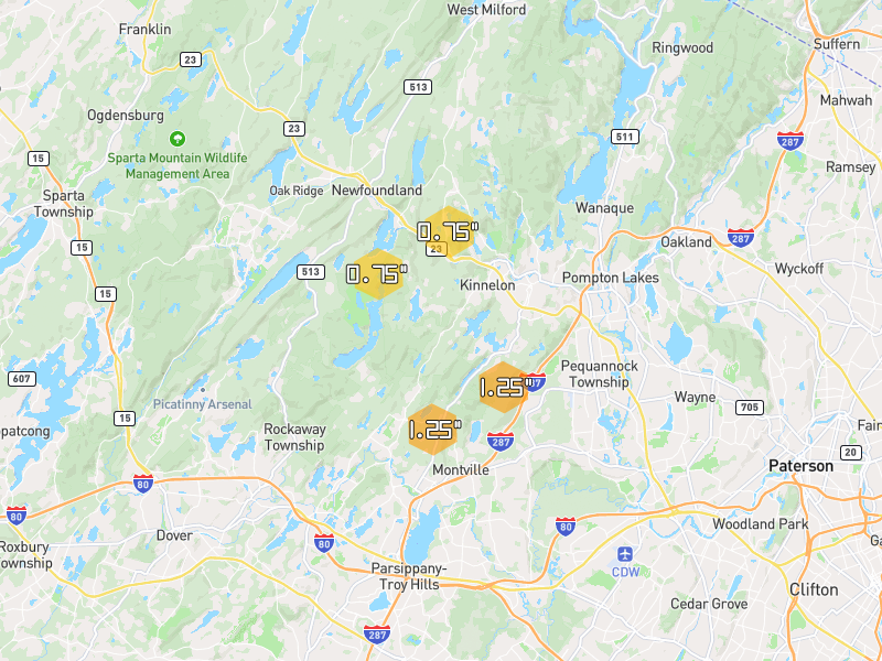 Hail map of Kinnelon, NJ on Jul 21, 2026, hail up to 1.25"