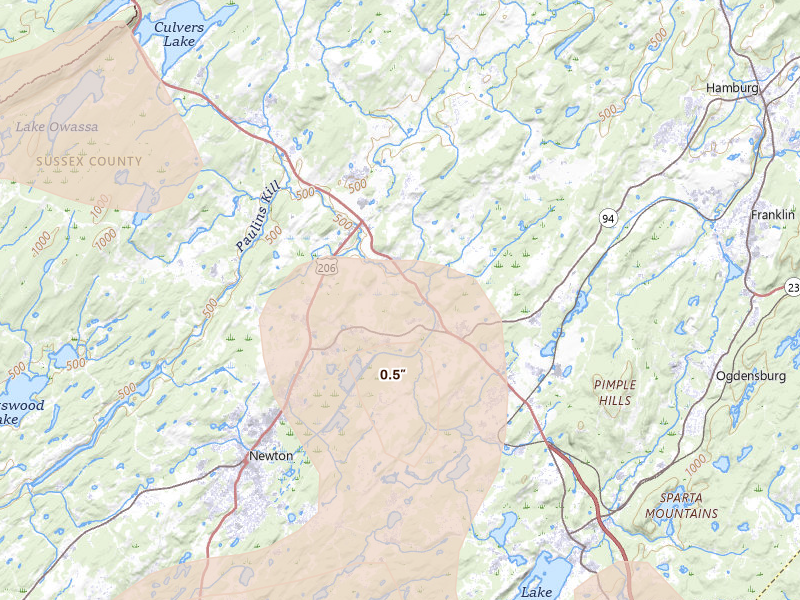 Radar-estimated hail-size map of the storm over Lafayette, NJ on Jul 3, 2026