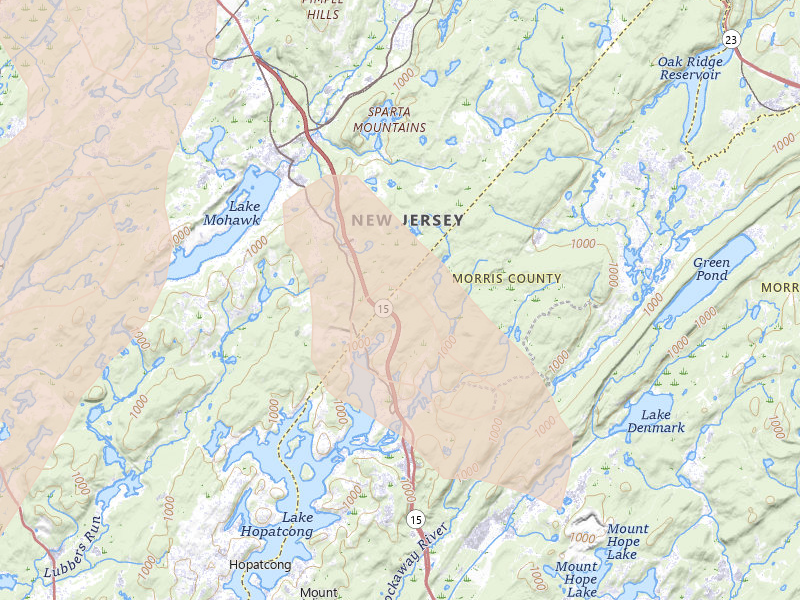 Radar-estimated hail-size map of the storm over Lake Hopatcong, NJ on Jul 3, 2026