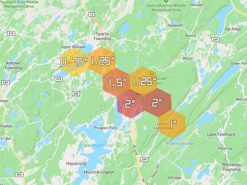Hail map of Lake Hopatcong, NJ on Jul 3, 2026, hail up to 2"