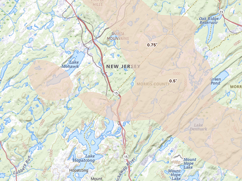 Radar-estimated hail-size map of the storm over Lake Hopatcong, NJ on Jul 15, 2026