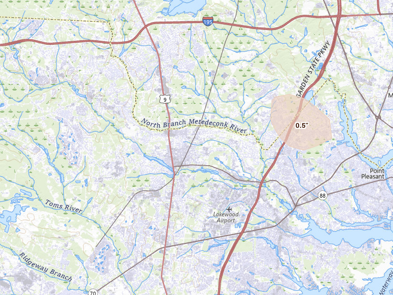 Radar-estimated hail-size map of the storm over Lakewood, NJ on Jun 7, 2026