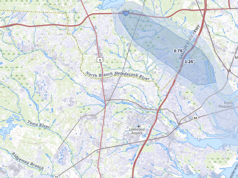 NEXRAD radar-signature map of the hail over Lakewood, NJ
