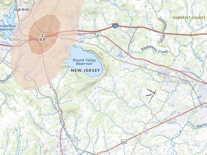 Radar-estimated hail-size map of the storm over Lebanon, NJ on Jul 5, 2026