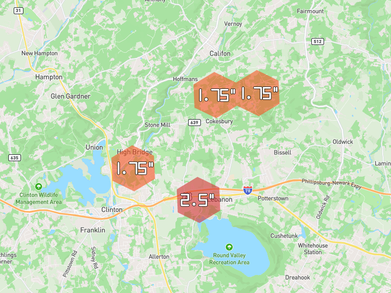 Hail map of Lebanon, NJ on Jul 6, 2026, hail up to 2.5"