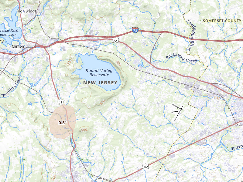 Radar-estimated hail-size map of the storm over Lebanon, NJ on Jul 28, 2026