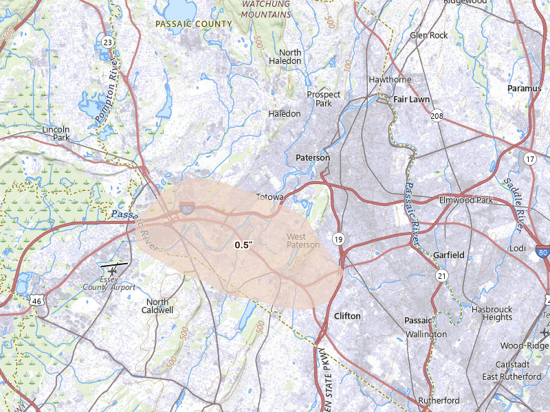 Radar-estimated hail-size map of the storm over Little Falls, NJ on Jul 3, 2026
