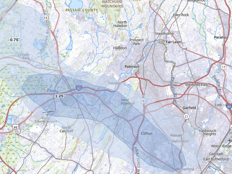 NEXRAD radar-signature map of the hail storm over Little Falls, NJ on Jul 3, 2026