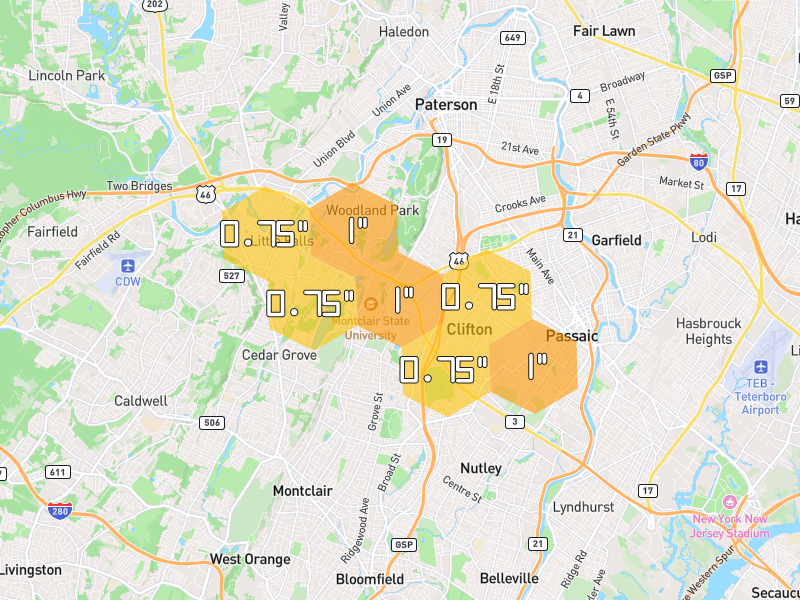 Hail map of Little Falls, NJ on Jul 3, 2026, hail up to 1"