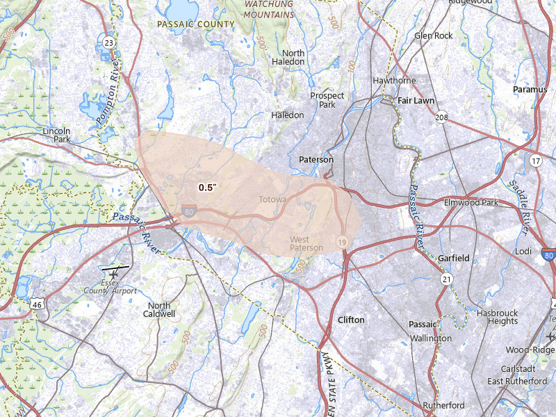 Radar-estimated hail-size map of the storm over Little Falls, NJ on Jul 15, 2026