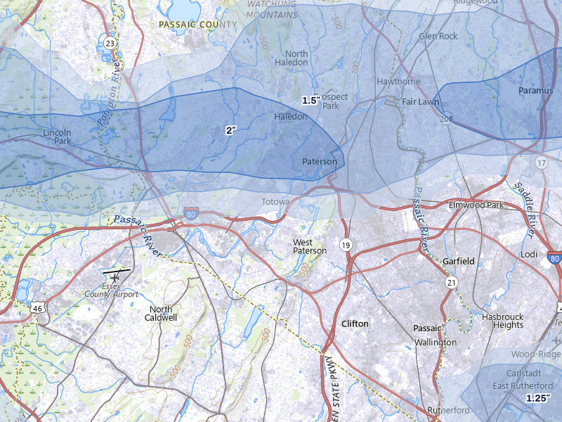 NEXRAD radar-signature map of the hail over Little Falls, NJ
