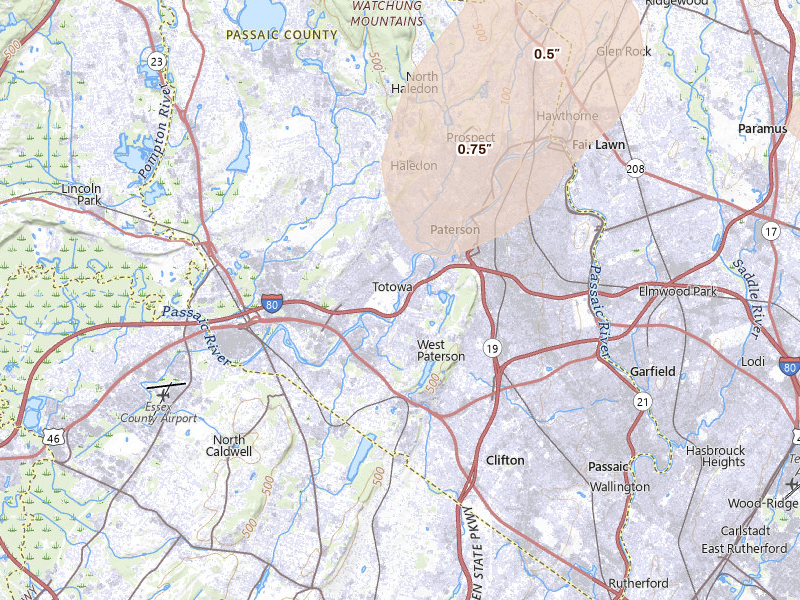 Radar-estimated hail-size map of the storm over Little Falls, NJ on Jul 27, 2026