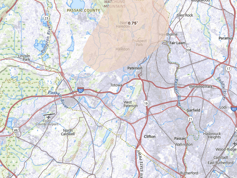 Radar-estimated hail-size map of the storm over Little Falls, NJ on Aug 7, 2026