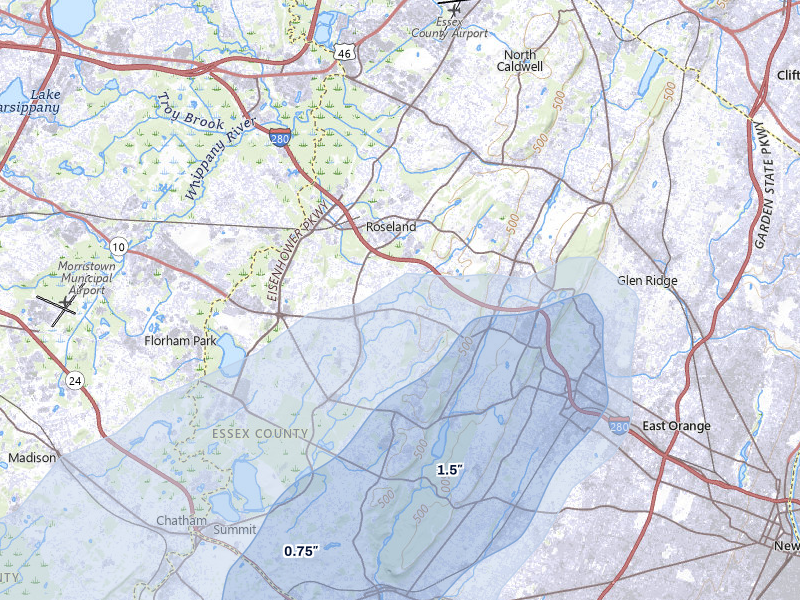 NEXRAD radar-signature map of the hail storm over Livingston, NJ on Jul 28, 2026
