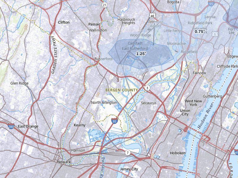 NEXRAD radar-signature map of the hail over Lyndhurst, NJ