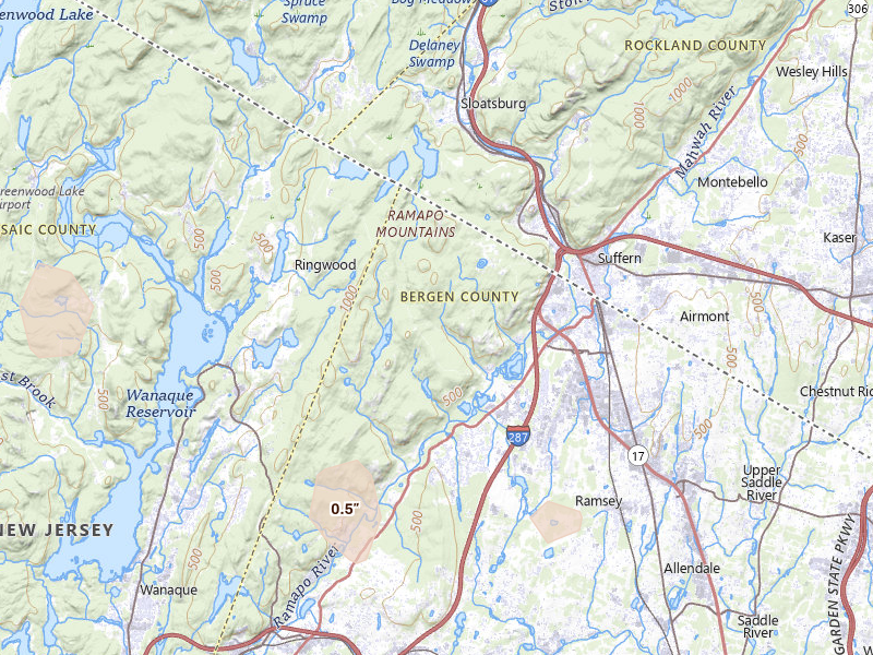 Radar-estimated hail-size map of the storm over Mahwah, NJ on Jun 12, 2026