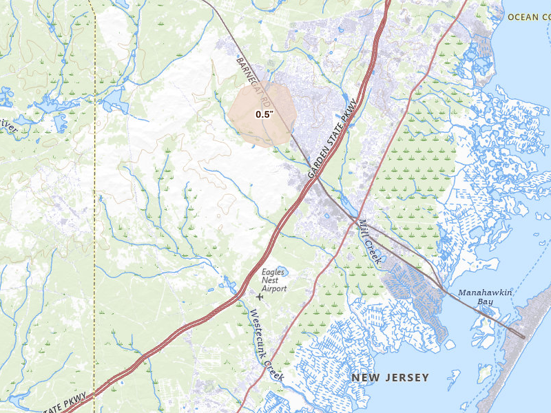 Radar-estimated hail-size map of the storm over Manahawkin, NJ on Jun 12, 2026