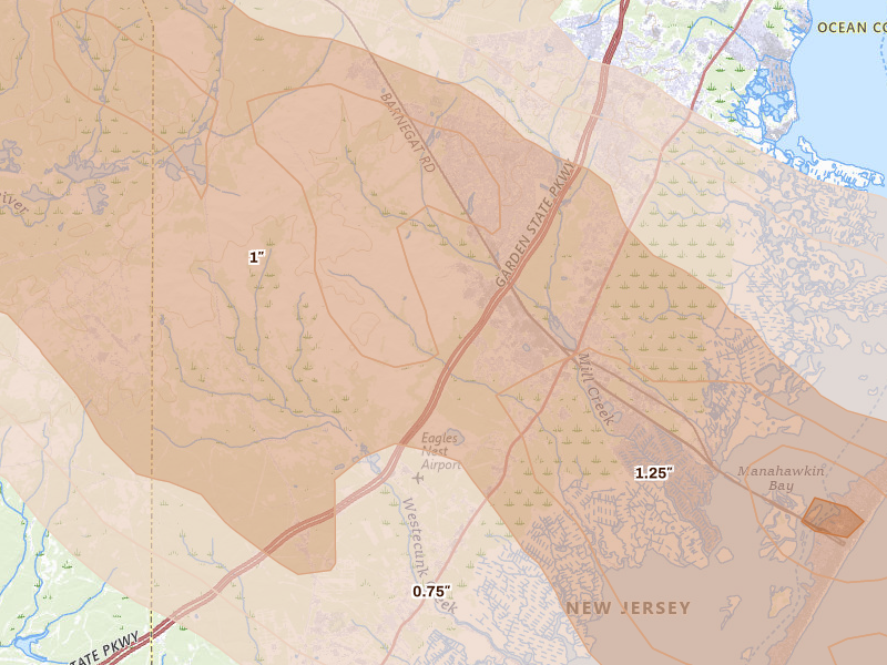 Radar-estimated hail-size map of the storm over Manahawkin, NJ on Jul 16, 2026