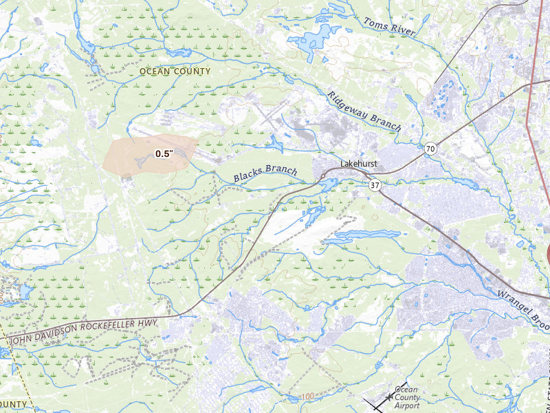 Radar-estimated hail-size map of the storm over Manchester Township, NJ on Jul 3, 2026